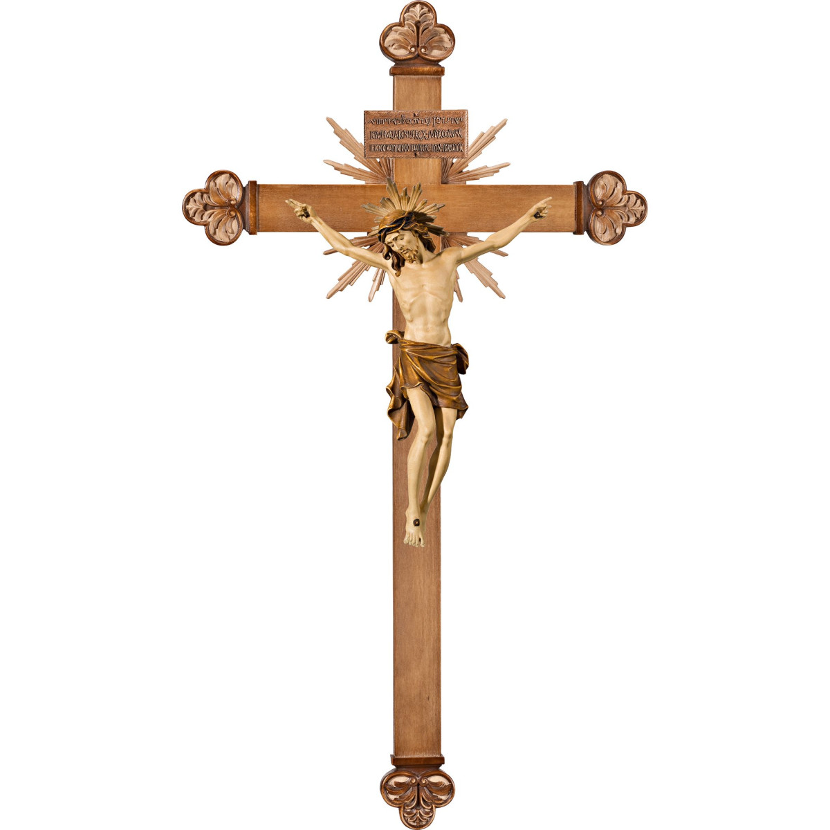 Cristo Pisa en cruz barroca con rayos y Titulus Crucis en hebreo - latín - griego